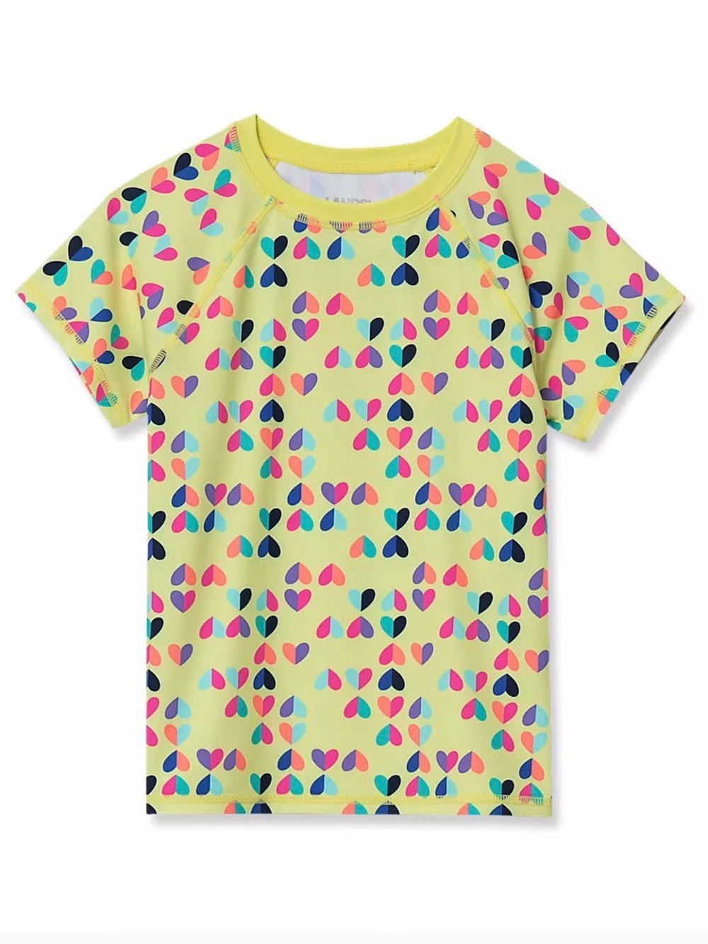 Girls Short Sleeve Crew Neck Swim Rash Guard, Hearts/Neon Yellow, Size L